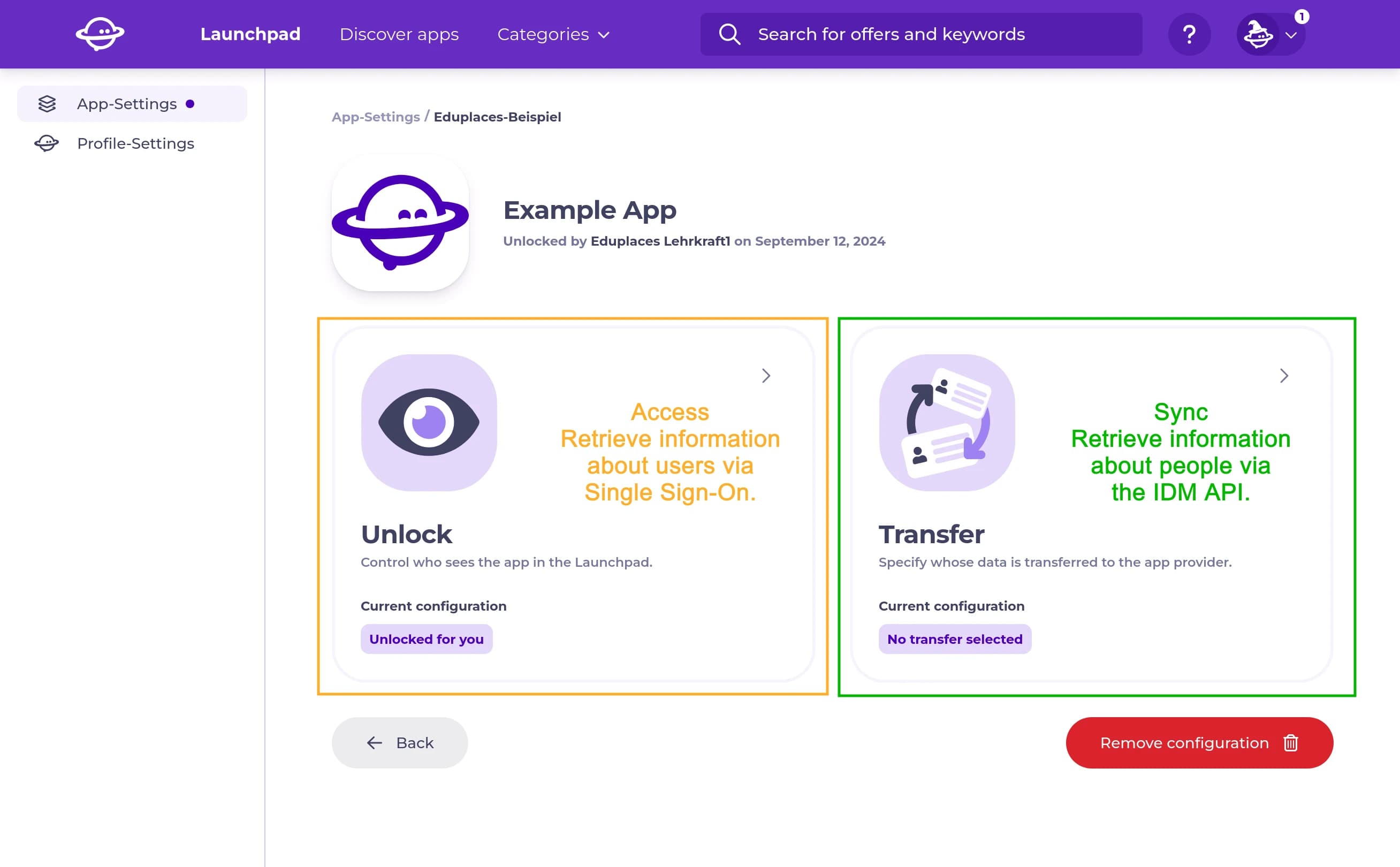 Image of an app configuration in the Eduplaces interface with remarks to show the difference between access and sync settings