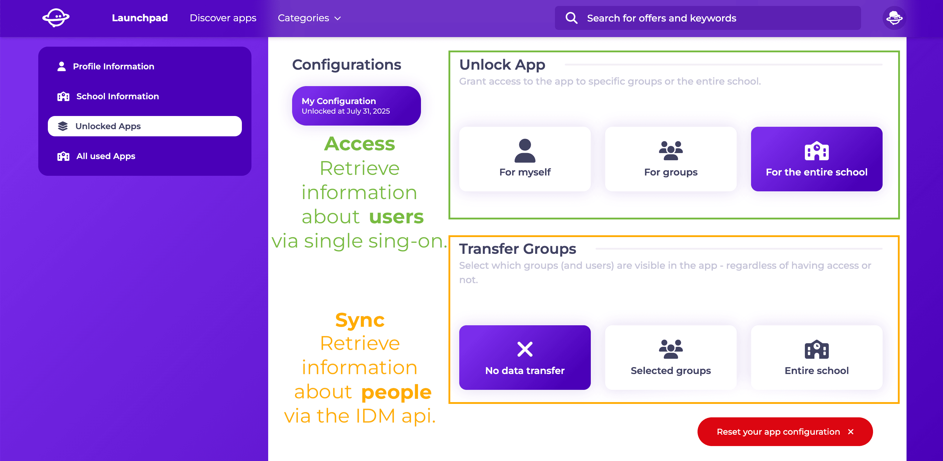 Image of an app configuration in the Eduplaces interface with remarks to show the difference between access and sync settings